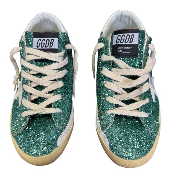 Golden Goose Superstar Distressed Suede Trimmed Glittered Leather Sneakers 9 - Picture 1 of 14
